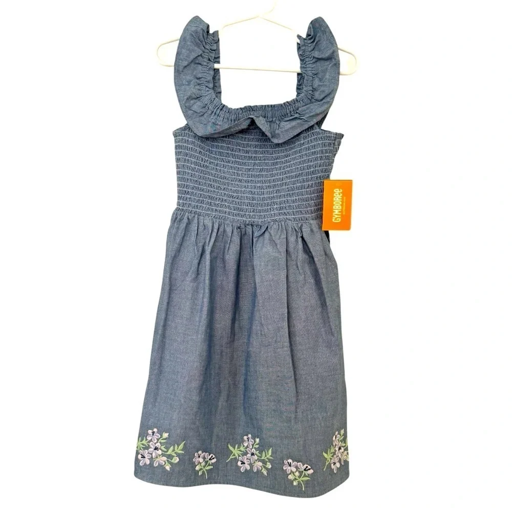 Gymboree Blue Embroidered Floral Smocked Chambray Flutter Dress 5T NWT